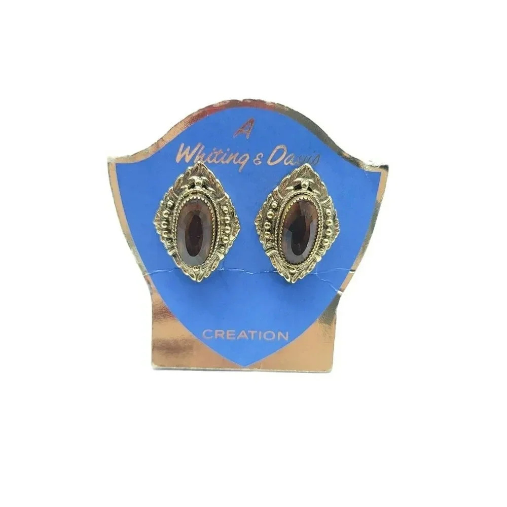 Whiting Davis Brown Faceted Glass Rhinestone Ornate Gold Tone Clip Earrings NOS